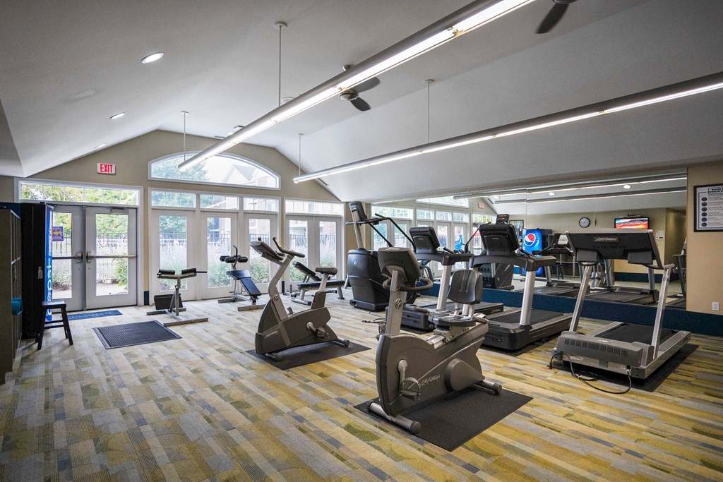 A gym with treadmills, elliptical machines, and other exercise equipment.