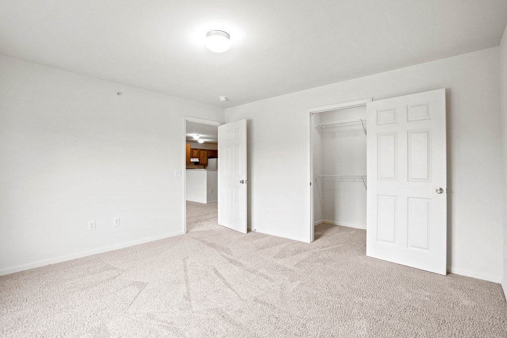 A white room with carpet and two doors.