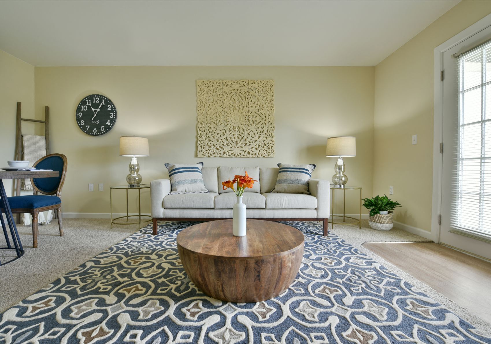 a living room with a couch and a coffee table