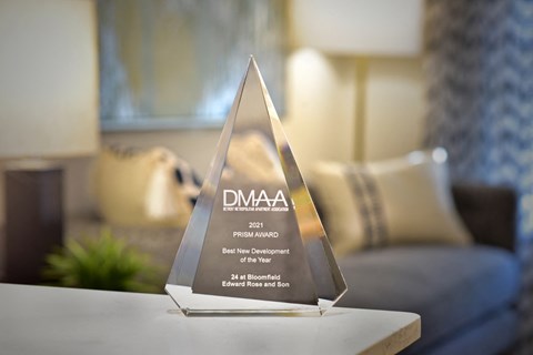 an award on a table in a living room