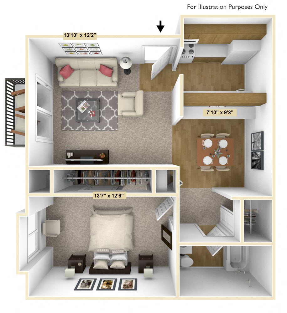 Downey Oak 1 Bedroom Floor Plan at Charter Oaks Apartments, Michigan