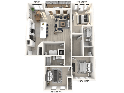 bedroom floor plan anjou 1600 a, opens a dialog at Upper Vue Flats, Dublin, Ohio