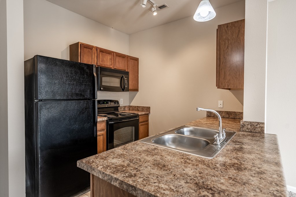 A kitchen with a black fridge, microwave, oven, and sink