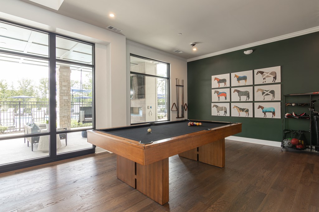 a pool table in a room with a green wall and sliding glass doors