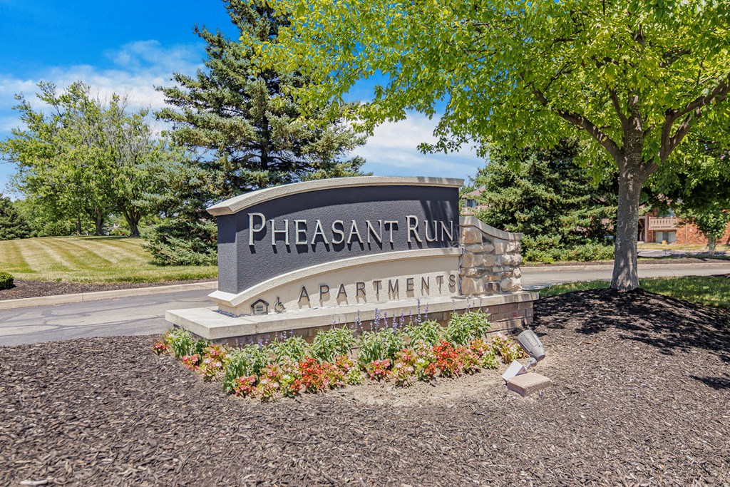 an entrance sign for the Pheasant Run Apartments at Pheasant Run Apartments, Indiana, 47909