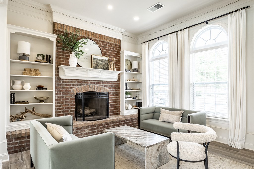 Upscale furnishings and fireplace in clubhouse at Alexandria of Carmel Apartments, Carmel, IN
