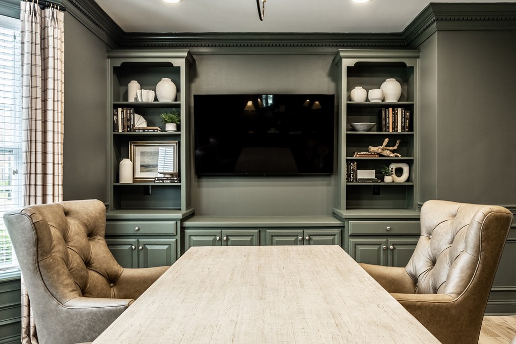 Business center with TV at Alexandria of Carmel Apartments, Carmel, Indiana