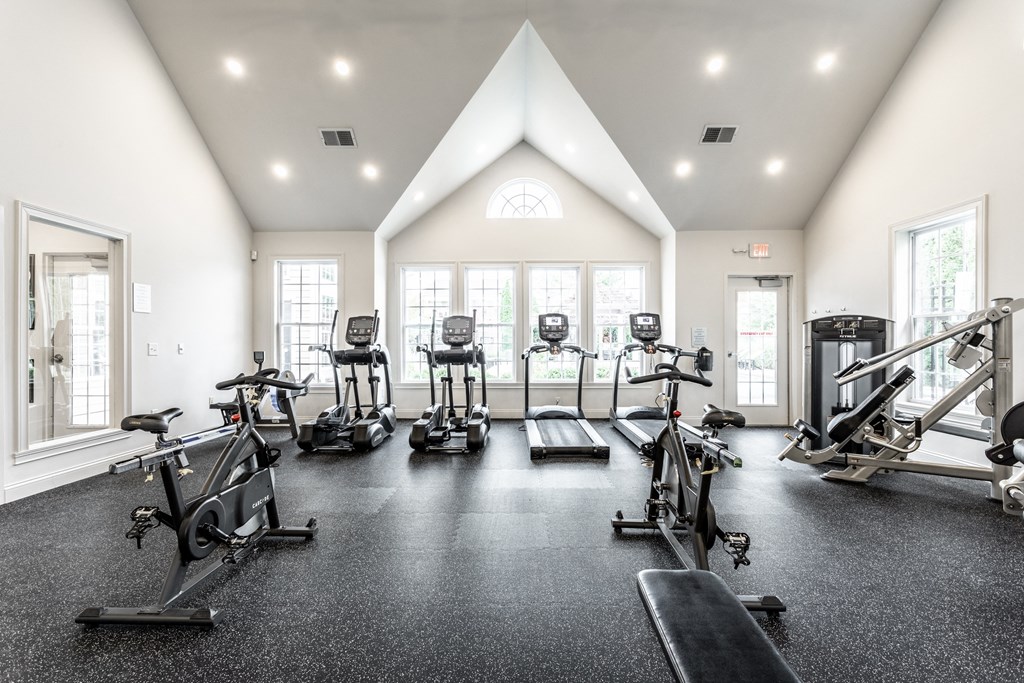 Fitness center with windows at Alexandria of Carmel Apartments, Indiana, 46032
