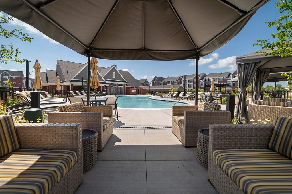 Pool Deck with Cabanas at Montgomery Place Apartments, Montgomery, IL