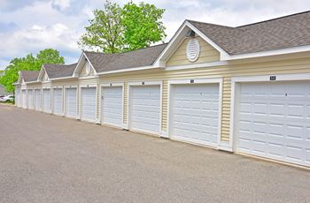 a row of garages with a garage door