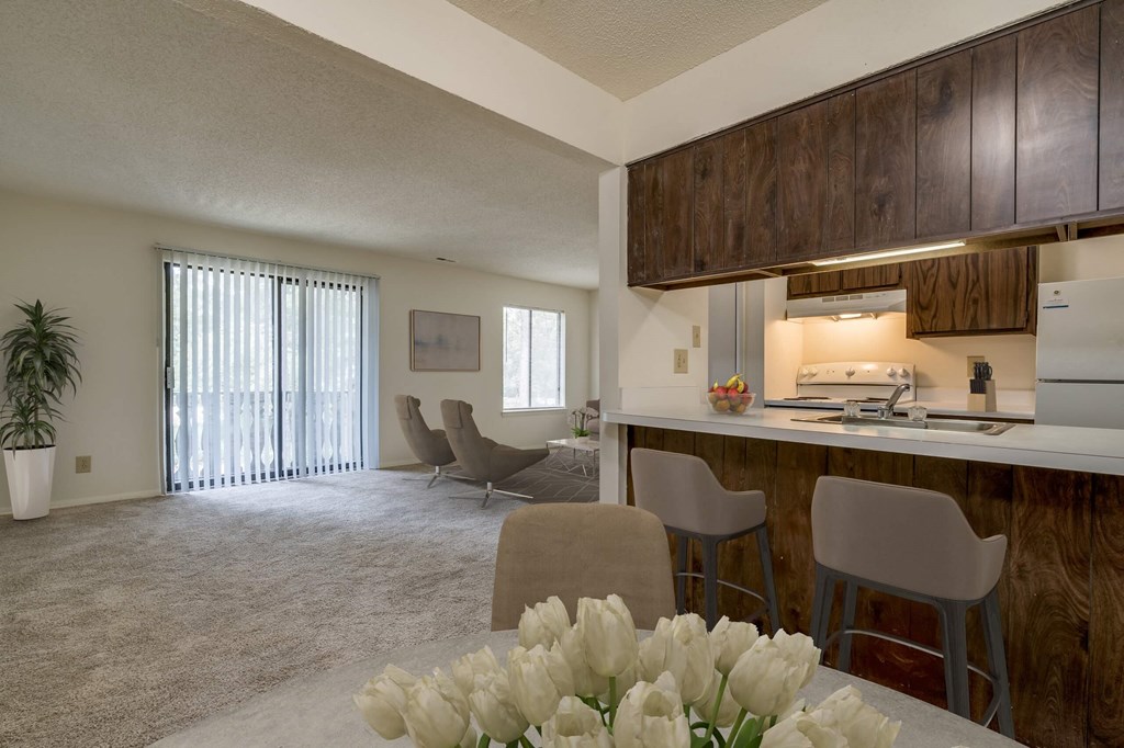 Marigold Deluxe Layout View of Living and Kitchen Areas at Lake in the Pines, NC