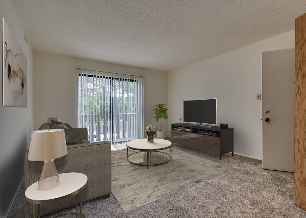 Primrose Layout Living Room with Balcony Access at Lake in the Pines, North Carolina 28311