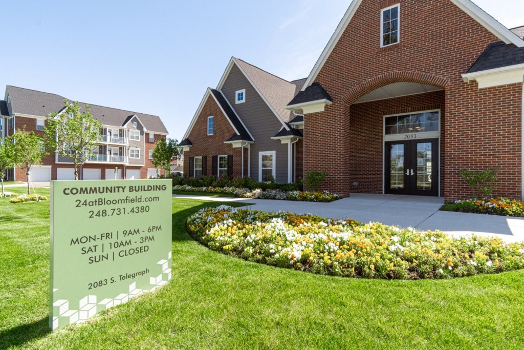 Resident Clubhouse with Hours Sign at 24 at Bloomfield, Bloomfield Township