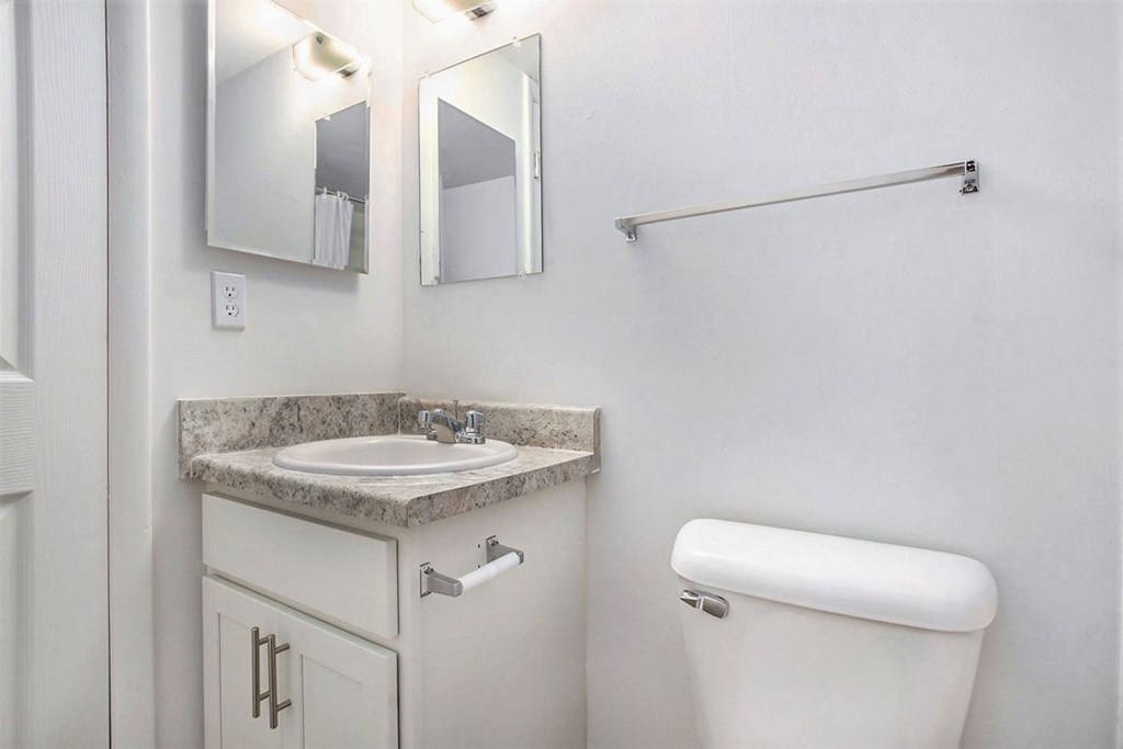 an updated bathroom with a sink and a toilet and a mirror at Fairlane Apartments in Springfield, MI