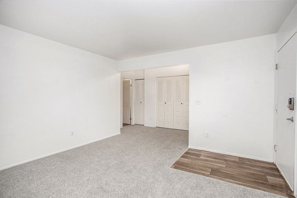 an empty living room with carpet and a closet at Fairlane Apartments in Springfield, MI