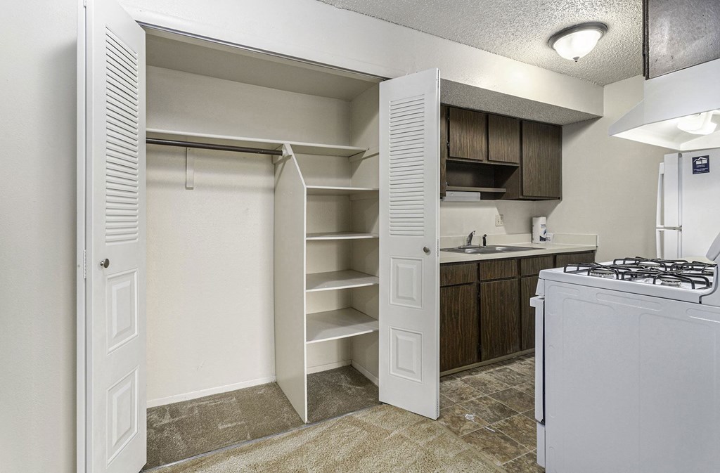a kitchen with a large closet with shelving