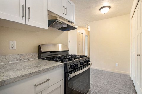 a kitchen with a gas stove and white cabinets at Old Farm Apartments, Elkhart, Indiana