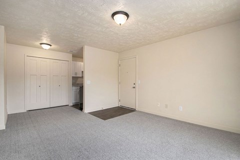 living room and kitchen with plush carpet at Old Farm Apartments, Elkhart, Indiana