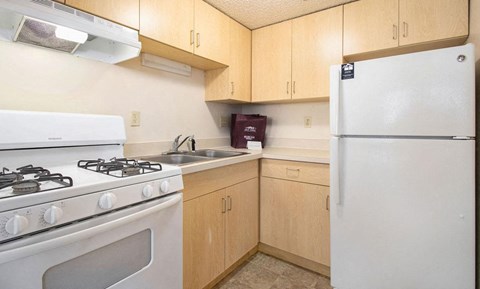 a studio kitchen with a stove refrigerator and a sink at Old Farm Apartments, Elkhart, Indiana