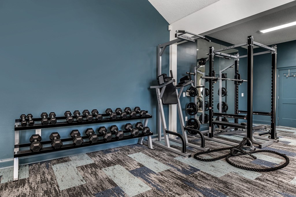 a gym with weights and a rack of dumbbells at Latitudes Apartments, Indiana, 46237