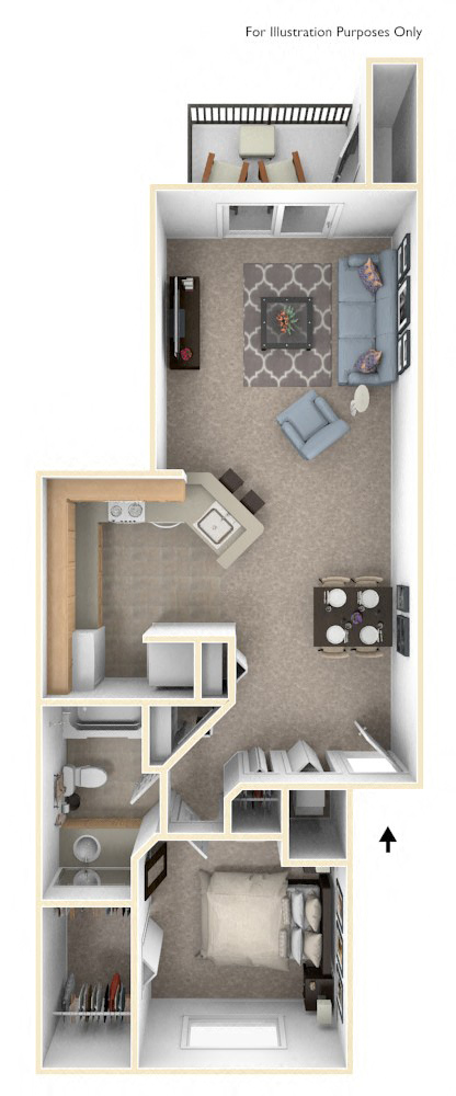 Front-to-Back One Bedroom Floor Plan at Irish Hills Apartments, South Bend, IN