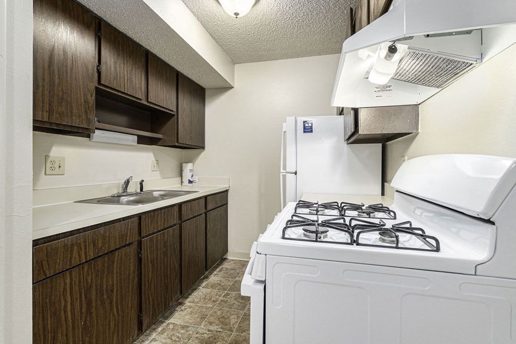 a kitchen with a stove and a sink