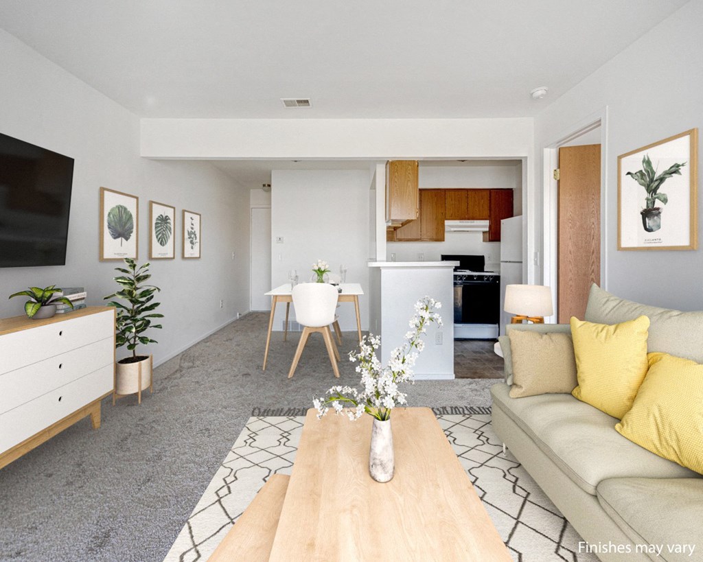 Gardenia Layout Model Living and Dining Areas at The Harbours Apartments, near Troy, MI