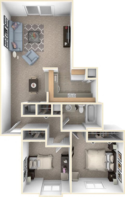 Two Bedroom One Bath Floorplan at Hampton Lakes Apartments, Walker