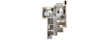 A 3D floor plan of a house with a kitchen, living room, and bedrooms