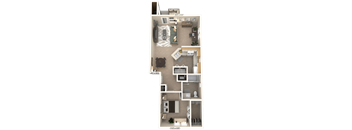 A floor plan of a two-bedroom apartment with a living room, kitchen, and bathroom
