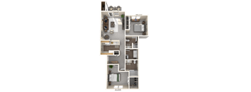 A floor plan of a two-bedroom apartment with a living room, kitchen, and bathroom