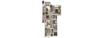 A floor plan of a house with a living room, kitchen, dining room, and two bedrooms