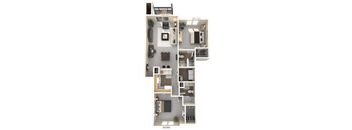 A 3D floor plan of an apartment with a living room, kitchen, dining room, and bedrooms