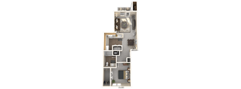 A 3D floor plan of a house with a kitchen, living room, and bathroom