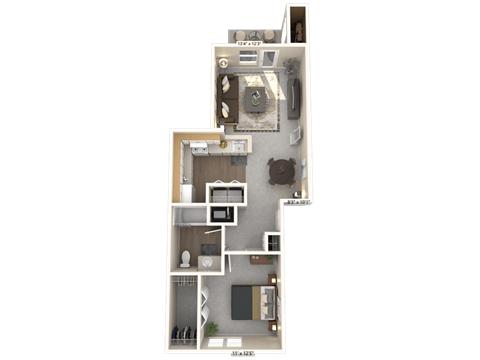A 3D floor plan of a house with a kitchen, living room, and bathroom