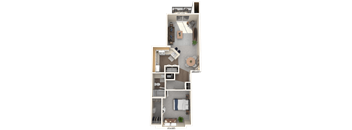 A floor plan of a two-story apartment with a living room, kitchen, and bedrooms