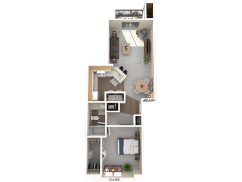 A floor plan of a two-story apartment with a living room, kitchen, and bedrooms