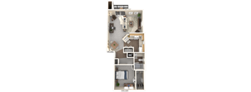 A floor plan of a two-story apartment with a living room, kitchen, and bedrooms