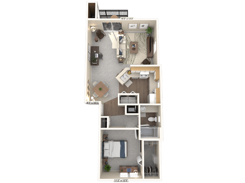 A floor plan of a two-story apartment with a living room, kitchen, and bedrooms