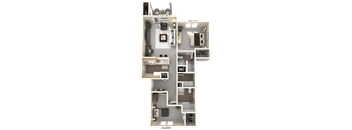 A 3D floor plan of an apartment with dimensions and room labels