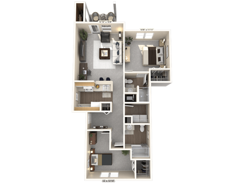 A 3D floor plan of an apartment with dimensions and room labels
