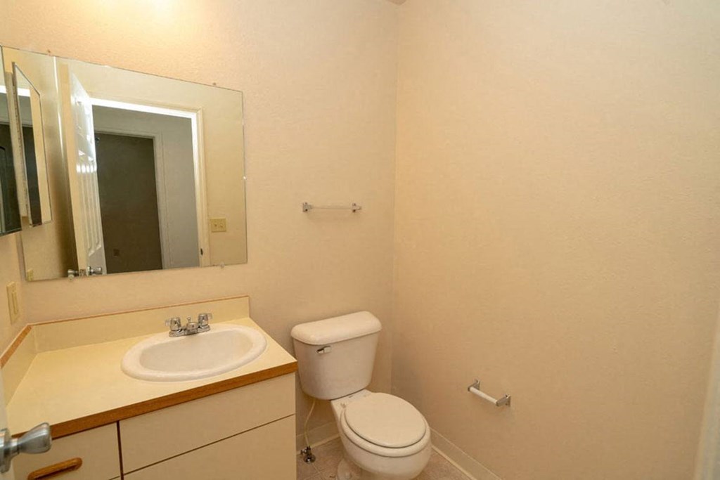 a bathroom with a toilet and a sink and a mirror at Foxwood and The Hermitage, Portage, MI
