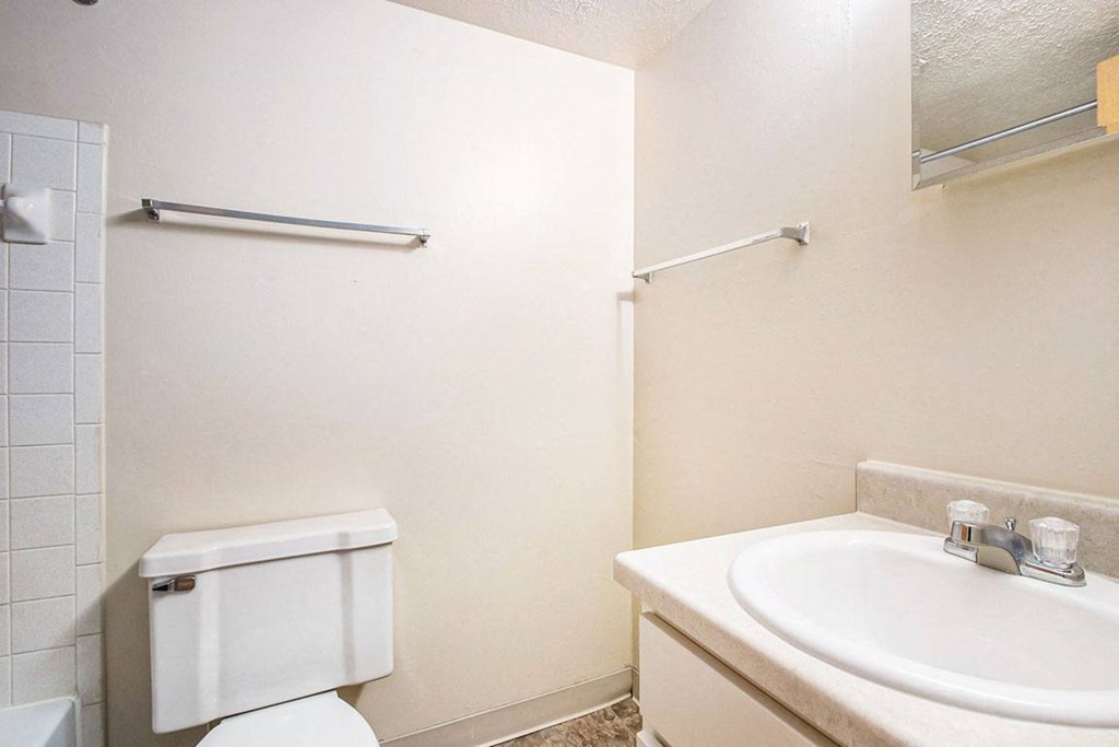 a bathroom with a sink toilet and mirror at Hickory Village Apartments, Mishawaka