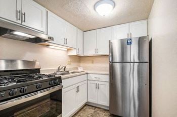 Kitchen with Stainless Steel Appliances at Hickory Village Apartments in Mishawaka, IN