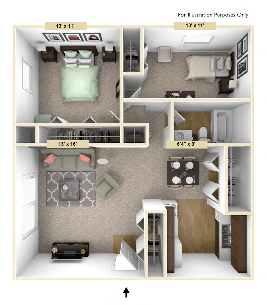 Heritage - Two Bedroom One Bath Floor Plan at Huntington Place, Essexville, 48732