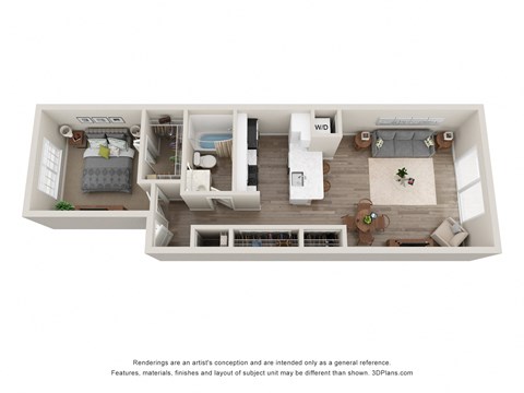 1-Bed/1-Bath, Peony Floor Plan at Hillside Apartments, Wixom, MI, 48393