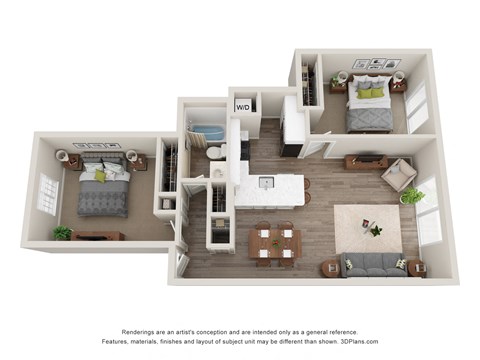 2-Bed/1-Bath, Sunflower Floor Plan at Hillside Apartments, Wixom, Michigan