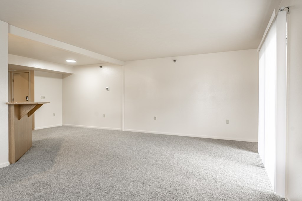 A large, empty room with a carpeted floor and white walls