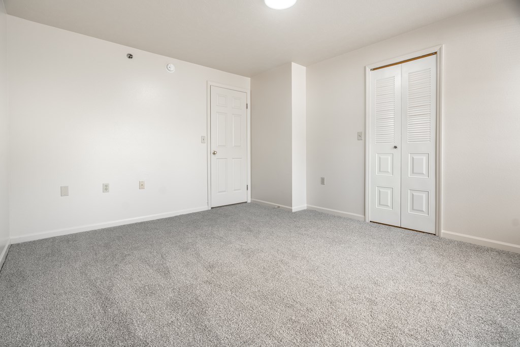 A room with a grey carpet and two white doors