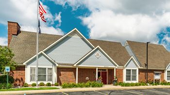 A building with a flag on top of it.